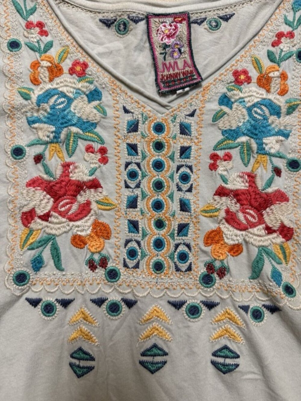 Johnny Was JWLA S Embroidered Boho Oversized Poncho Tunic Top Beige - Picture 4 of 6